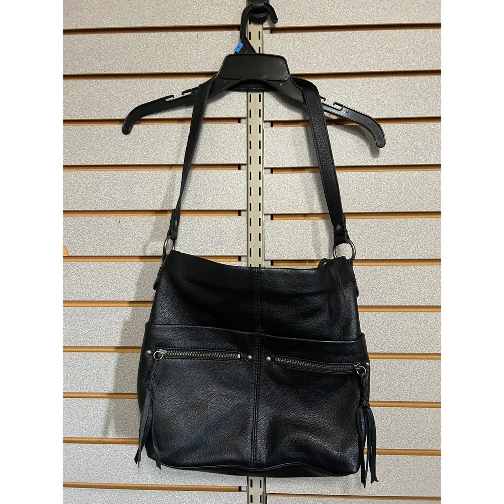 The Sak Black Pebbled Leather Hobo Shoulder Bag Silver Hardware Zip Pockets